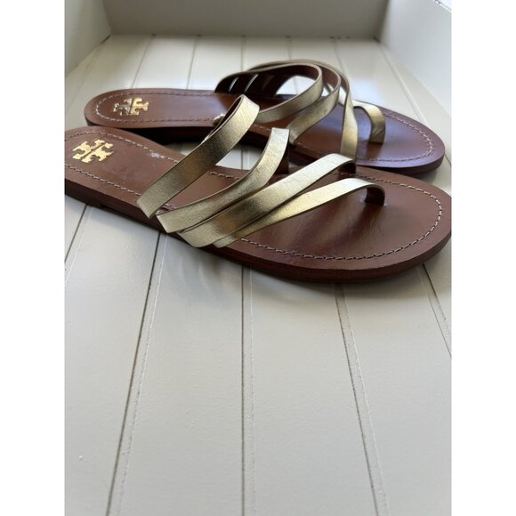 Tory Burch Patos Metallic Strappy Sandals Gold Leather Slides Summer Chic Size 9 - Picture 8 of 13